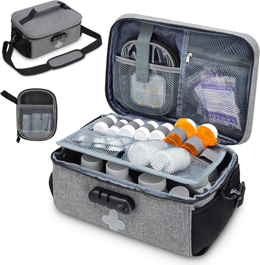 Pill Bouteille Organizer Bag with Combined Lock, Lockable Medicine Bag Organizer, Travel Medicine Organizer with Portable Small Pouch, Medicine Lock Box for Prescription Bouteilles with Shooter Strap