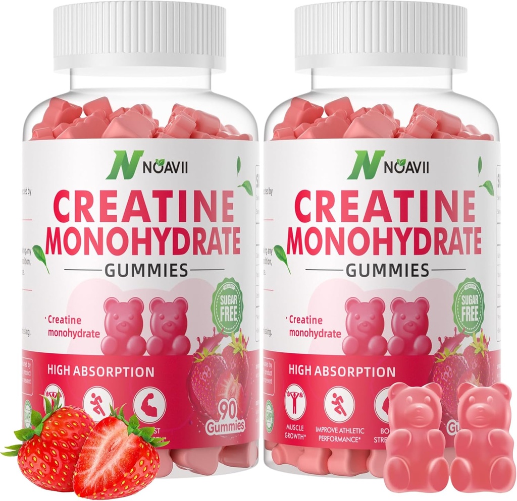 Monohydrate de créatine 5000mg pour les hommes et les femmes, Chewables Monohydrate de créatine pour la force musculaire, constructeur musculaire, boost énergétique, supplément pré-entraînement-180 Gummées de fraise