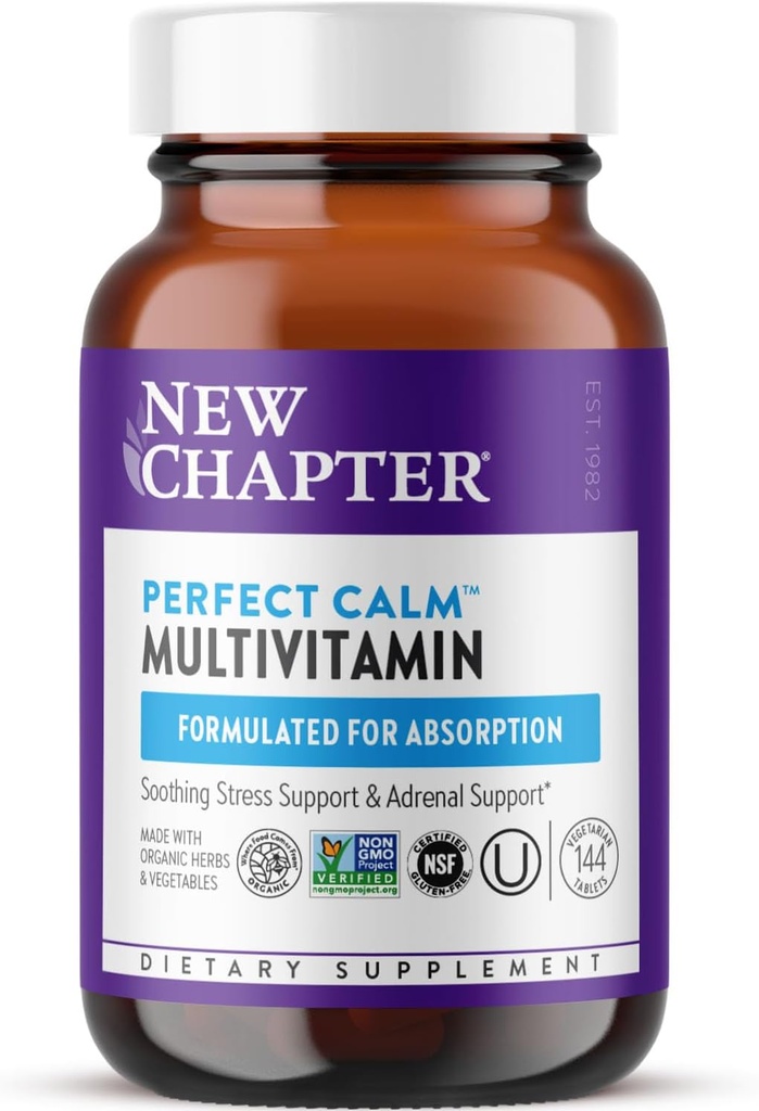 Nouveau chapitre Calme parfait - Multivitamine quotidienne pour le stress et l'humeur avec des vitamines B + Basilic Saint + Baume citron + Ingrédients organiques non OGM - 144 Compte