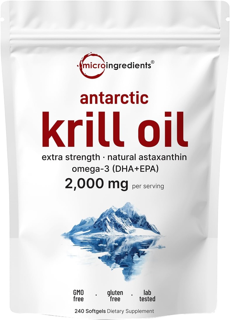 Micro-ingrédients Supplément huile de krill antarctique, 2000mg par portion, 240 Softgels, Triple Strength, Riche en Omega-3s EPA, DHA et astaxanthine naturelle, soutient le système immunitaire et la santé cérébrale