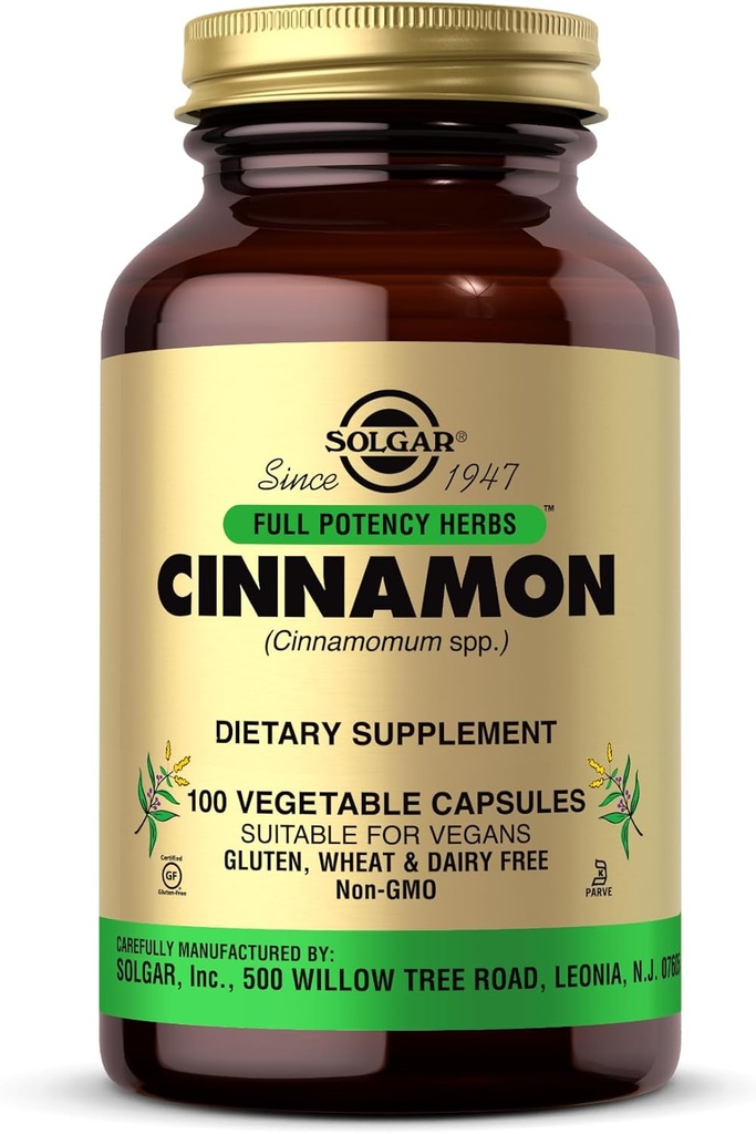 Cinnamon de Solgar - 100 capsules végétales - pleine puissance (FP) - Non-OGM, végétalien, sans gluten, sans laiterie, casher - 100 portions