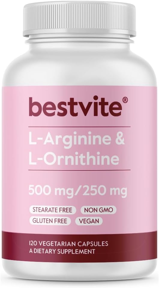 BESTVITE L-Arginine L-Ornithine 500-250 (120 capsules végétariennes) - Pas de stéarate - Pas de remplissage - Vegan - Non OGM - Sans gluten - Pas de silicate de calcium