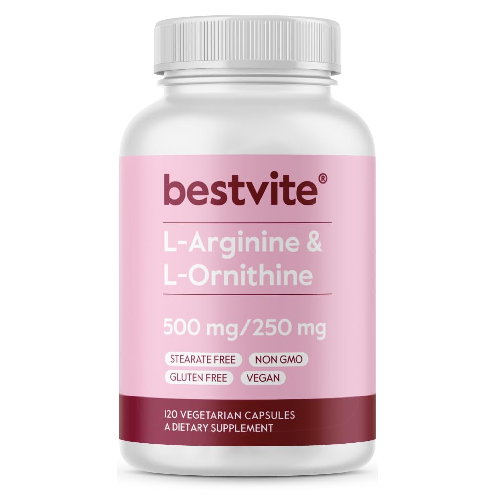 BESTVITE L-Arginine L-Ornithine 500-250 (120 capsules végétariennes) - Pas de stéarate - Pas de remplissage - Vegan - Non OGM - Sans gluten - Pas de silicate de calcium