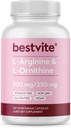 BESTVITE L-Arginine L-Ornithine 500-250 (120 capsules végétariennes) - Pas de stéarate - Pas de remplissage - Vegan - Non OGM - Sans gluten - Pas de silicate de calcium