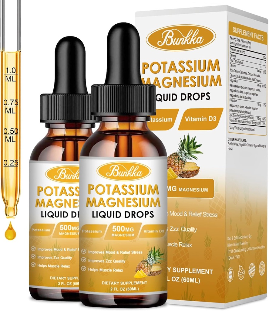 (2 Pack) Supplément de magnésium de potassium, suppléments de potassium de magnésium avec calcium, vitamine D3, zinc, sans sucre et gouttes liquides végétaliens Supplément pour les crampes de jambes, énergie, pour les adultes et les enfants
