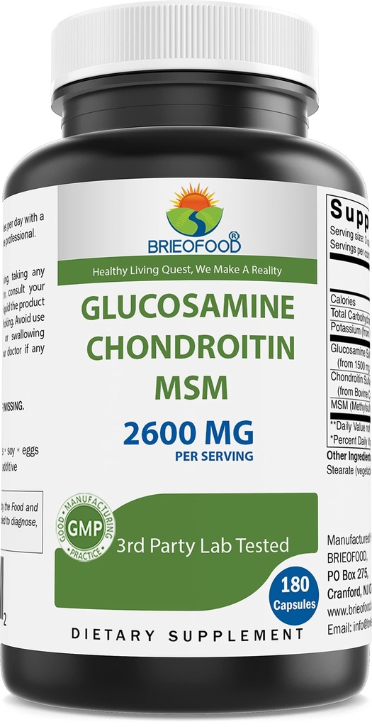 Brieofood Triple Strength Glucosamine Chondroitin MSM 2600mg/Serveur Capsules, Supports Hygiène articulaire, Cartilage et Tissu Connectif - Promote Confort et Flexibilité articulaires 180 Compte