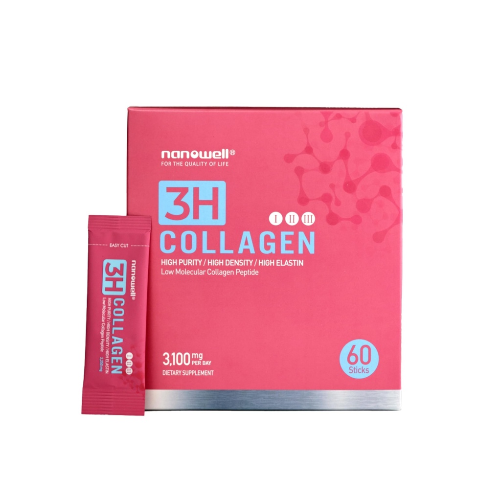 NANOWELL 3H Poudre de peptide de collagène - Types I, II et III avec vitamine C, Peptide d'élastine hydrolysé et acide hyaluronique - Supporte les cheveux, la peau, les ongles, les articulations et les os - 60 bâtons, 30 jours d'approvisionnement