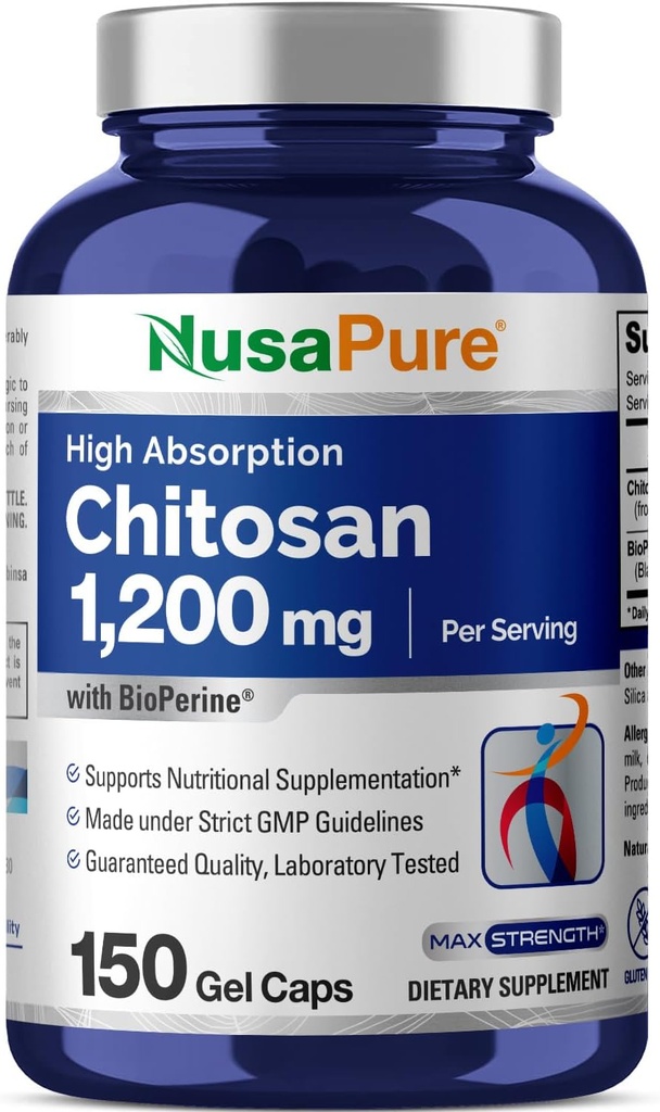 NusaPure Chitosan 1200mg 150 capsules (non sans OGM et sans soja) avec biopérine