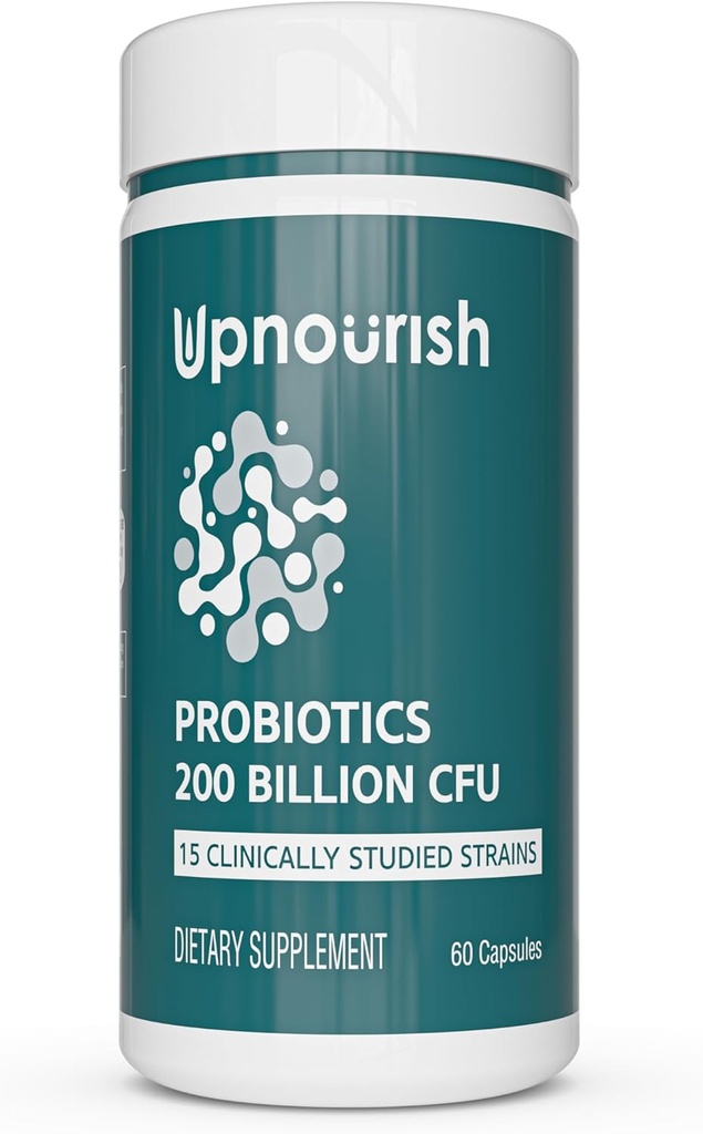 UpNourish Probiotics - 200 milliards d'UCF pour les hommes et les femmes, 15 souches, prébiotiques et enzymes ayant fait l'objet d'études cliniques - 60 capsules de végétalien