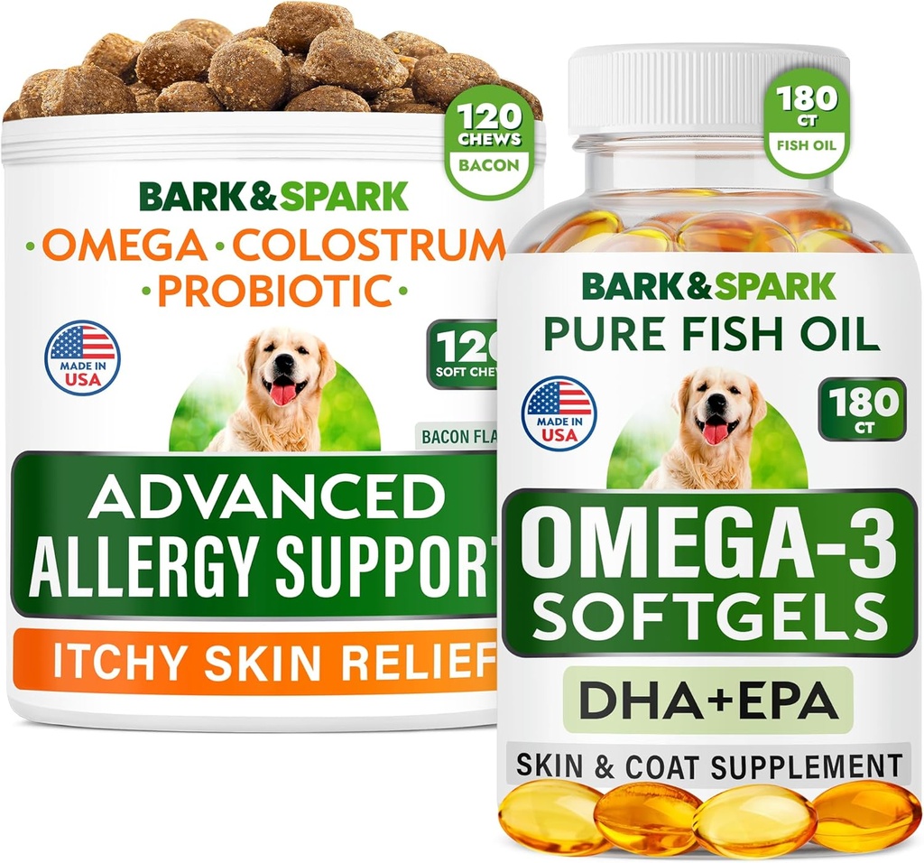 Allergie avancée pour chien + Omega 3 Ensemble - Démangeaison - Probiotiques avec huile de poisson Omega 3 + Acide gras EPA&DHA - Allergies cutanées + Santé articulaire - 120 Chews + 180 Softgels - Bacon + Saveur de poisson - Fabriqué aux États-Unis