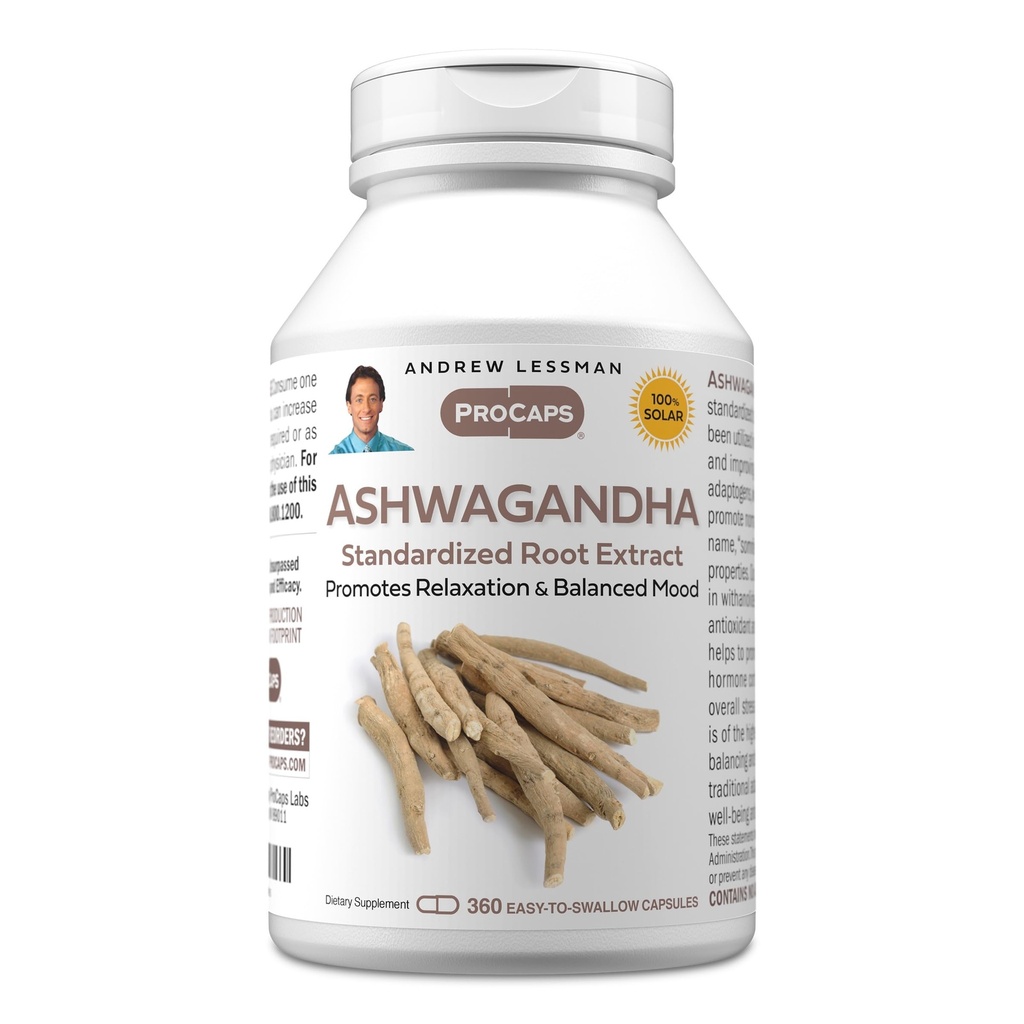 ANDREW LESSMAN Ashwagandha 360 Capsules - Extrait d'Ashwagandha normalisé. Favorise la détente, l'humeur positive, le bien-être général et la vitalité. Petites capsules faciles à avaler