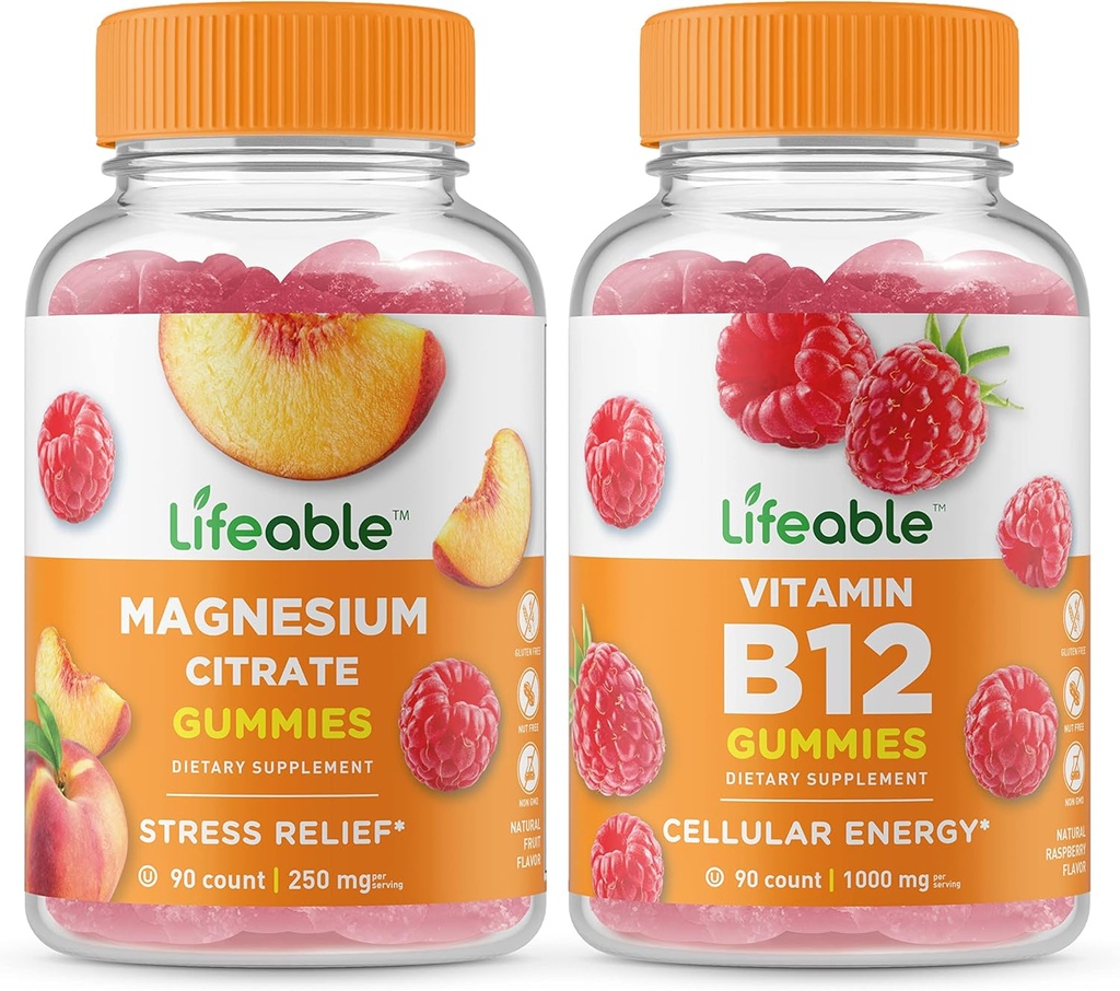 Magnésium Lifeable 85mg + Vitamine B12, Gummies Bundle - Grande dégustation, supplément de vitamine, sans gluten, sans OGM, gummy à croquer