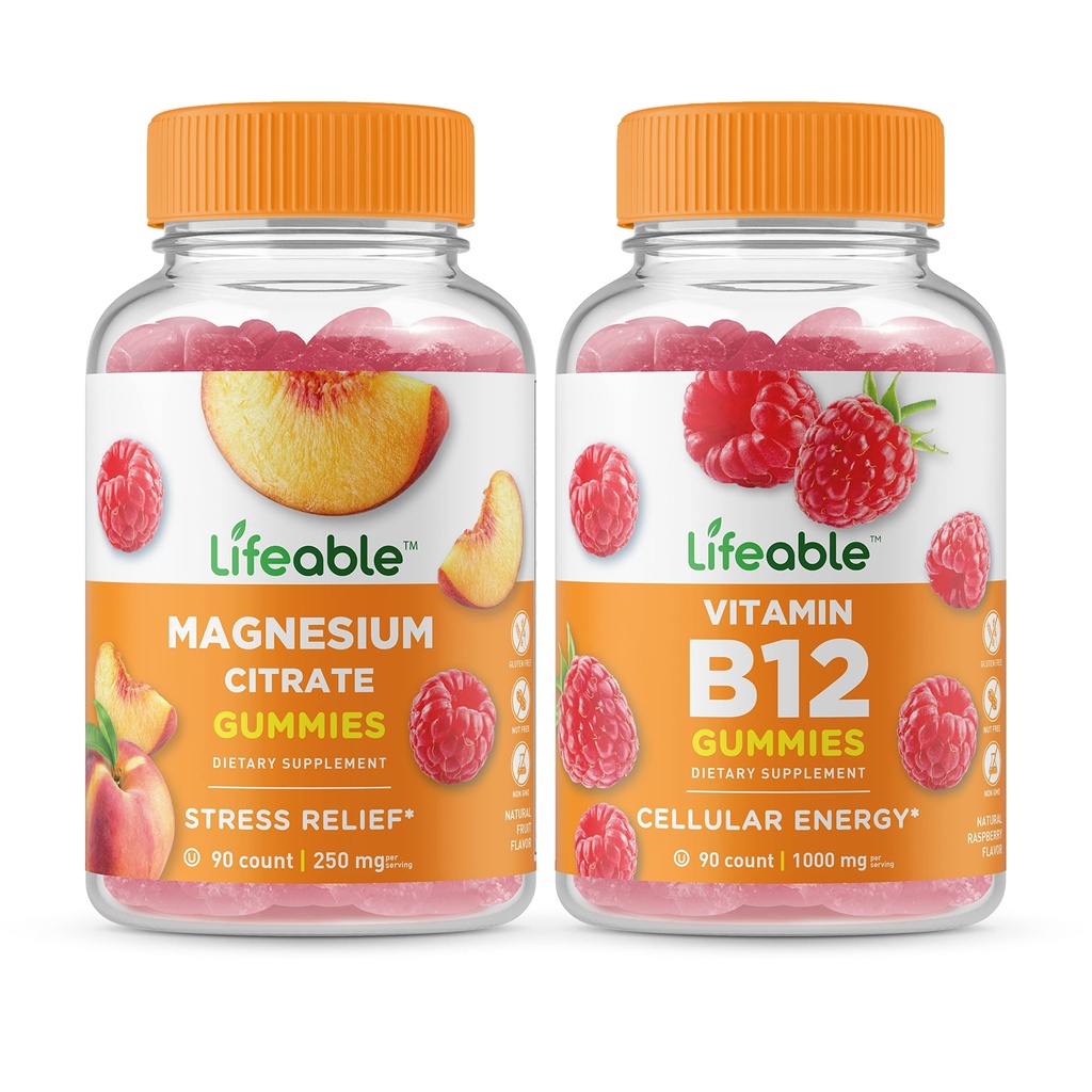 Magnésium Lifeable 85mg + Vitamine B12, Gummies Bundle - Grande dégustation, supplément de vitamine, sans gluten, sans OGM, gummy à croquer