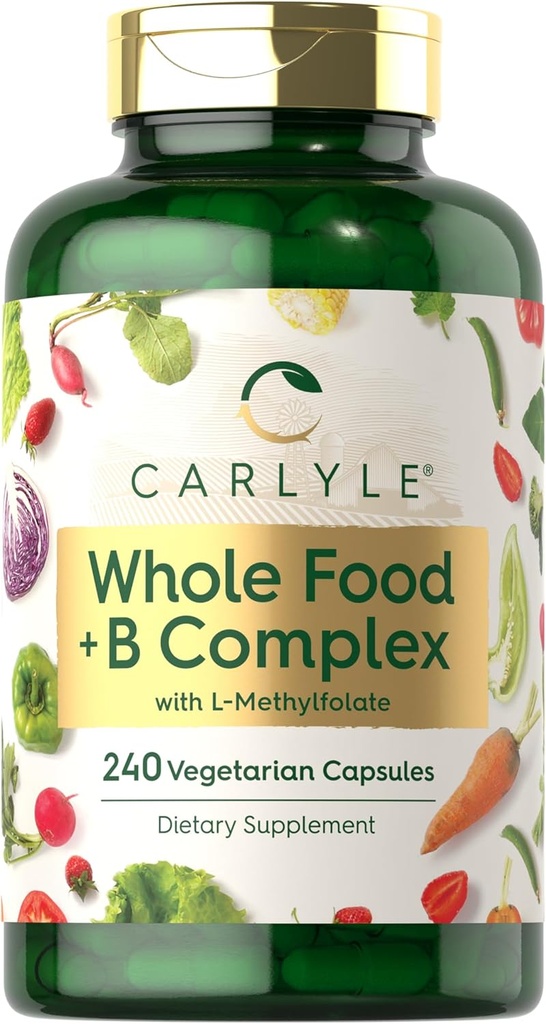 Carlyle Vitamin B Complex Whole Foods Blend | 240 Capsules | Daily Multivitamin for Men and Women | with B1, B2, B6, B12, Folate, Niacin, and L-Methylfolate | Non-GMO & Vegetarian Supplement