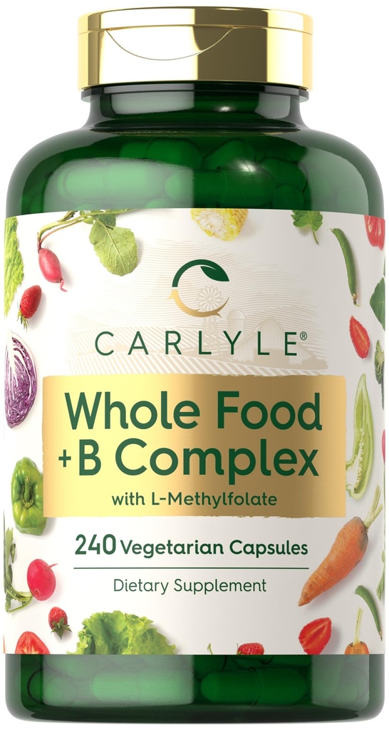 Carlyle Vitamine B Complex Whole Foods Blend, 240 Capsules de Multivitamine quotidienne pour hommes et femmes avec B1, B2, B6, B12, Folate, Niacine et L-méthylfolate.