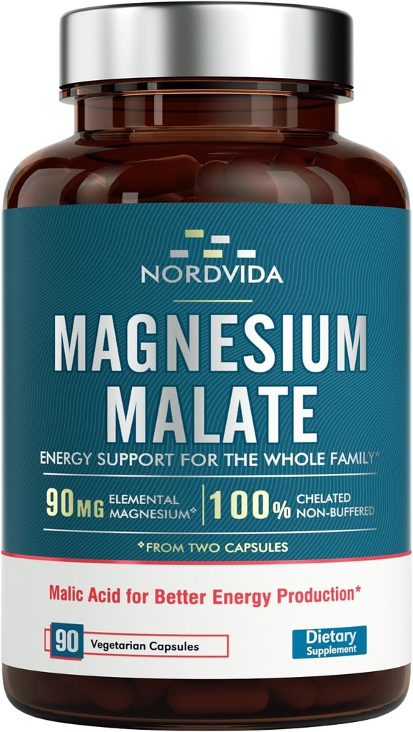 Malate de magnésium, 90 mg Magnésium élémentaire, pour les deux adultes et les enfants, entièrement chélaté avec l'acide malique, soutien de la production d'énergie et de la santé musculaire, facile à avaler, 90 capsules minuscules