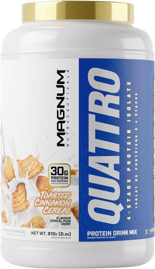QUATTRO Magnum Nutraceuticals Poudre de protéines de lactosérum, Céréale de cannelle grillée 2lb – Mélange isolat de protéines premium pour la croissance et la récupération musculaire