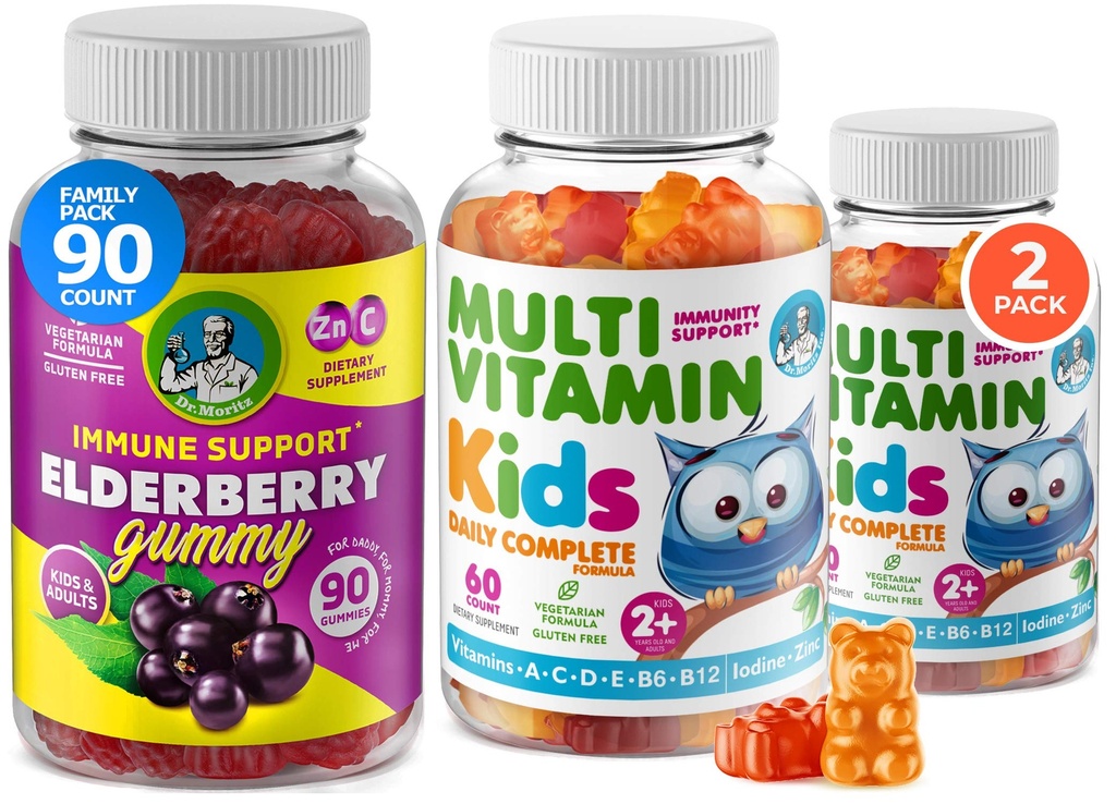 Gommies multivitamines pour enfants 14 Vitamines essentielles et Gommines de mûres pour enfants et adultes Vitamine A, C, D, E Végétarien B6 & B12, Zinc, Biotine Gummy Multivitamines pour enfants + soutien immunitaire
