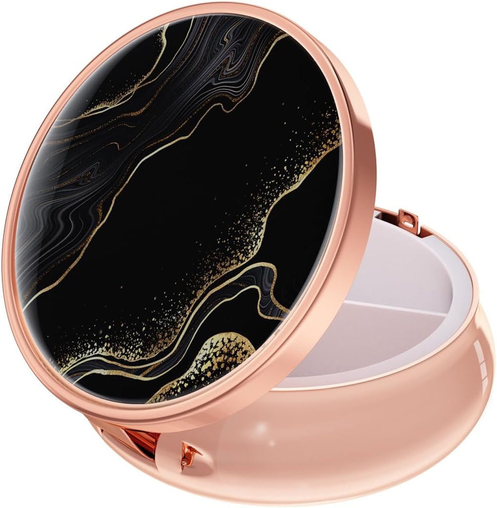 Boîte à pilules Rouidr, 3 compartiments de médicaments Pill Case, petite boîte de médicaments de voyage en métal pour la purse et la poche, or rose, marbre noir de luxe