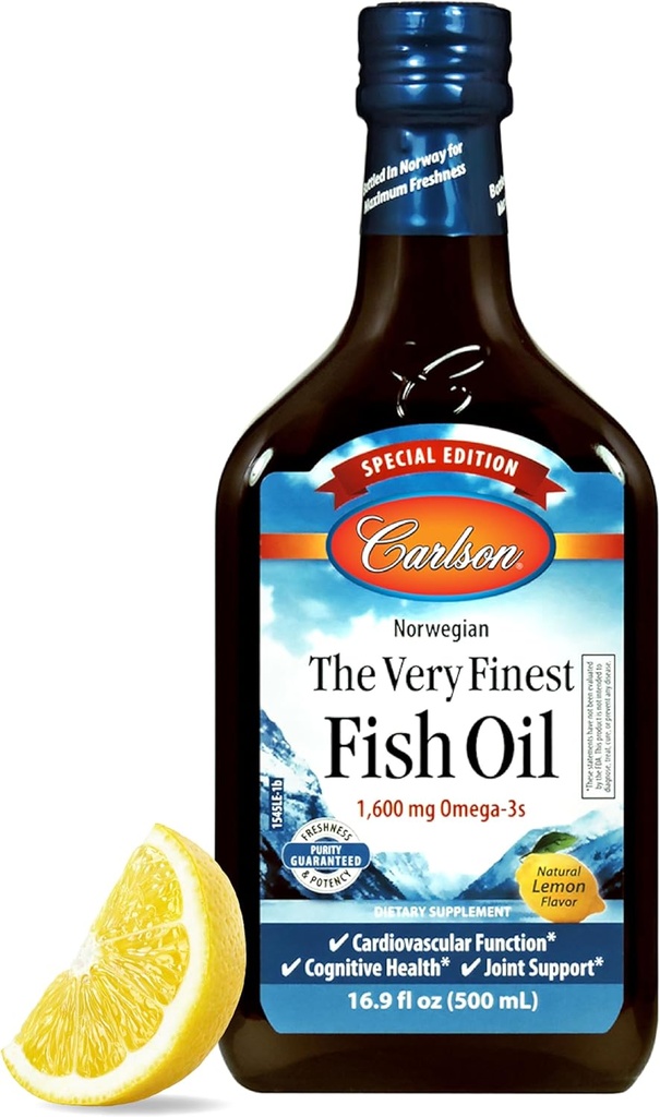 Carlson - L'huile de poisson la plus fine, édition spéciale, 1600 mg Oméga-3s, supplément liquide, huile de poisson norvégienne, eau sauvage, liquide d'origine durable, citron, 500 mL (16,9 Fl Oz)