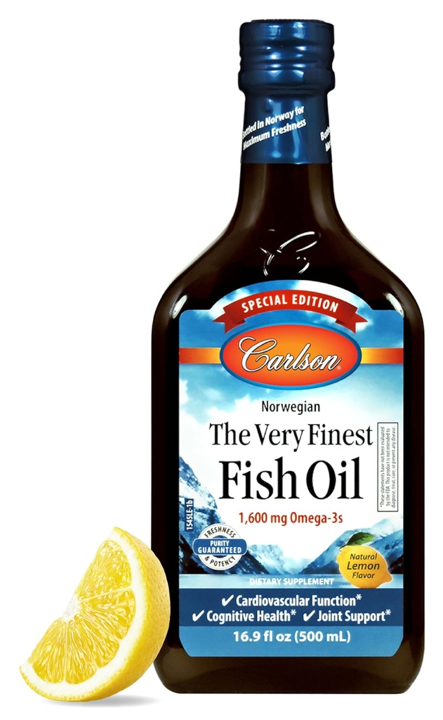 Carlson - L'huile de poisson la plus fine, édition spéciale, 1600 mg Oméga-3s, supplément liquide, huile de poisson norvégienne, eau sauvage, liquide d'origine durable, citron, 500 mL (16,9 Fl Oz)
