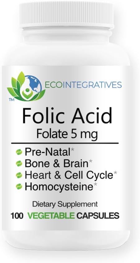 Folate d'acide folique 5mg (B9) Santé prénatale, reproductive, homocystéine, métabolisme, cardiovasculaire, os, immunosupport, sans allergène, sans OGM - 100 gélules véganes