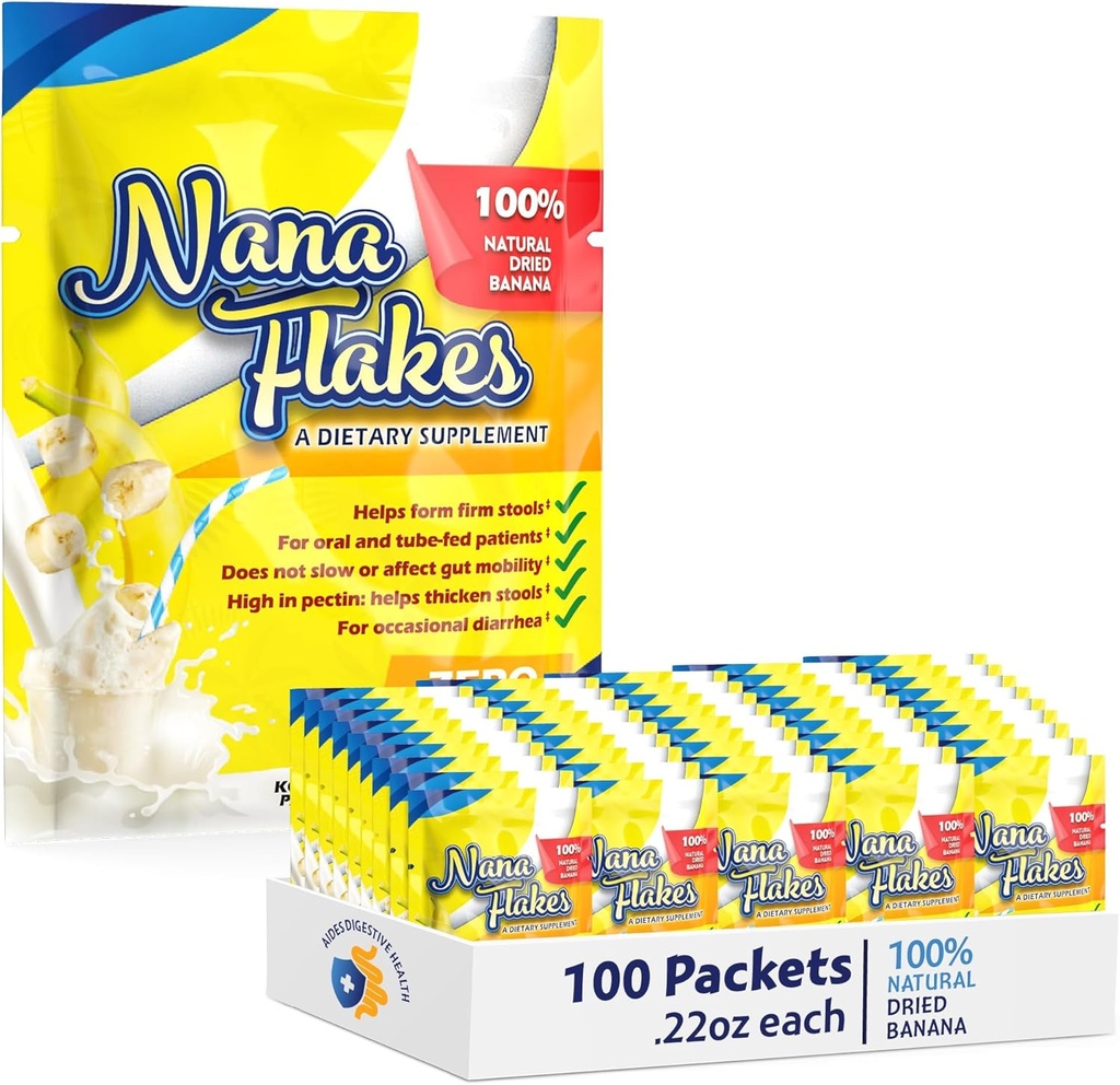 Nana Flakes 100% Pure Banana Flakes Poudre d'aliments médicaux - Diminuer l'apport de graisse et la réparation naturelle pour la diarrhée et la brûlure du coeur - Grande source de protéines et de fibres (100 sachets à usage unique)