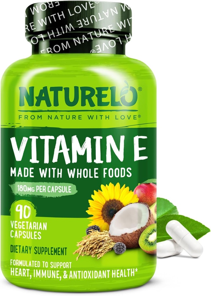 NATURELO Vitamine E - 180 mg (300 UI) de tocophérols mélangés naturels à partir d'aliments entiers organiques - Supplément pour la peau, les cheveux, les ongles, l'immunité et la santé des yeux - Non-OGM, sans soja - 90 capsules végétaliennes