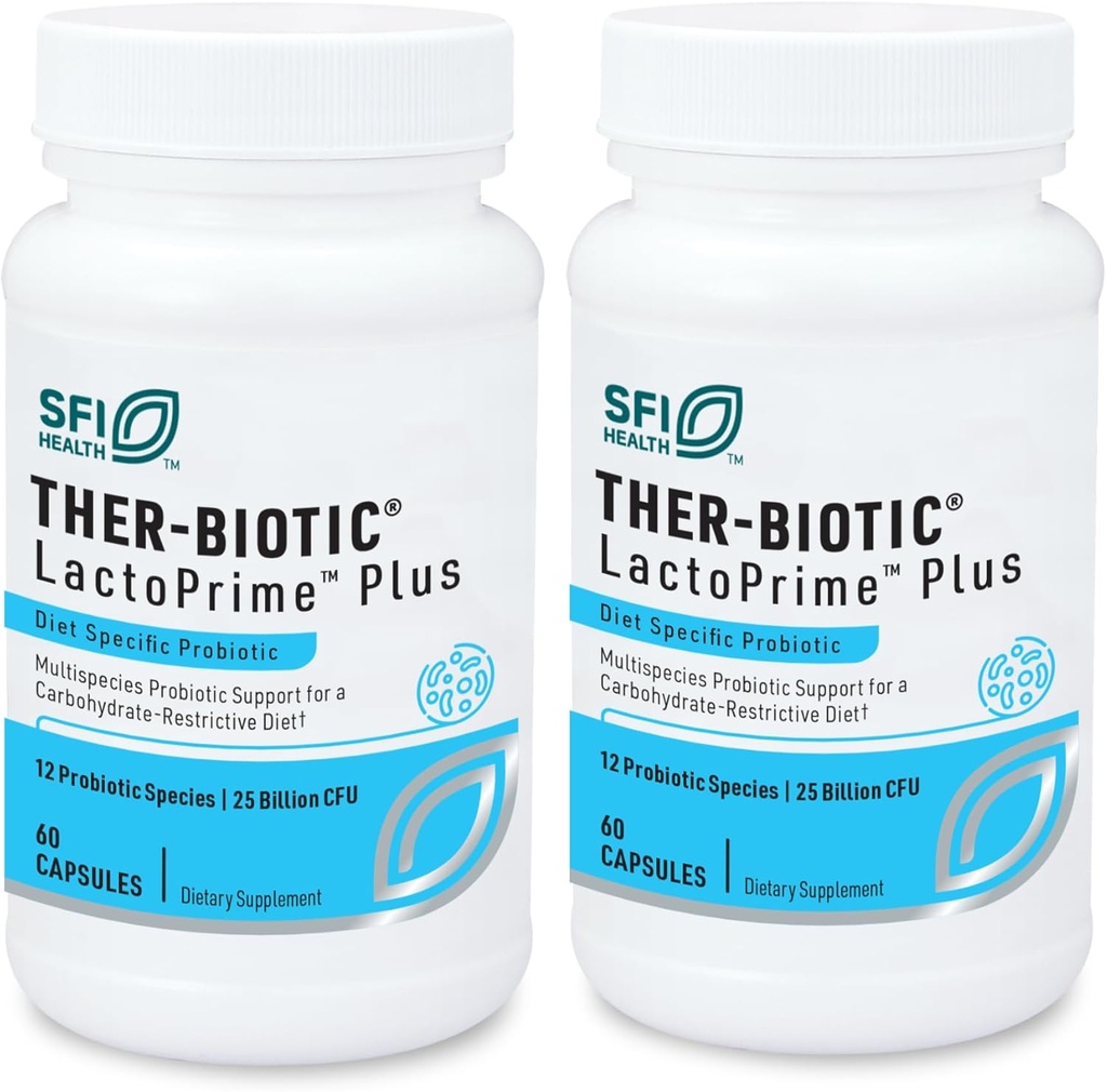 Klaire Labs SFI Health Lactoprime Plus Probiotique - 25 milliards d'UFC pour les hommes et les femmes sensibles aux glucides, 7 Lactobacillus et 5 Bifidobacterium Blend, FODMAP Compliant et sans lait (60 capsules, 2 paquets)