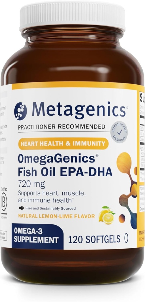 Métagène OmegaGenics Fish Oil EPA-DHA 720 mg - supplément d'huile de poisson Omega-3 - haute puissance - pour la santé cardiaque, la santé musculo-squelettique et la santé du système immunitaire* - avec DHA et EPA - 120 Softgels