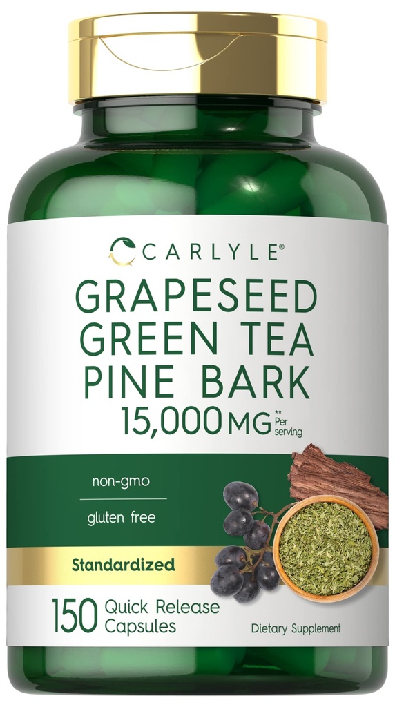 Graines de caryle, Thé vert, Barque de pin, 15 000 mg, 150 capsules, Supplément sans OGM et sans gluten