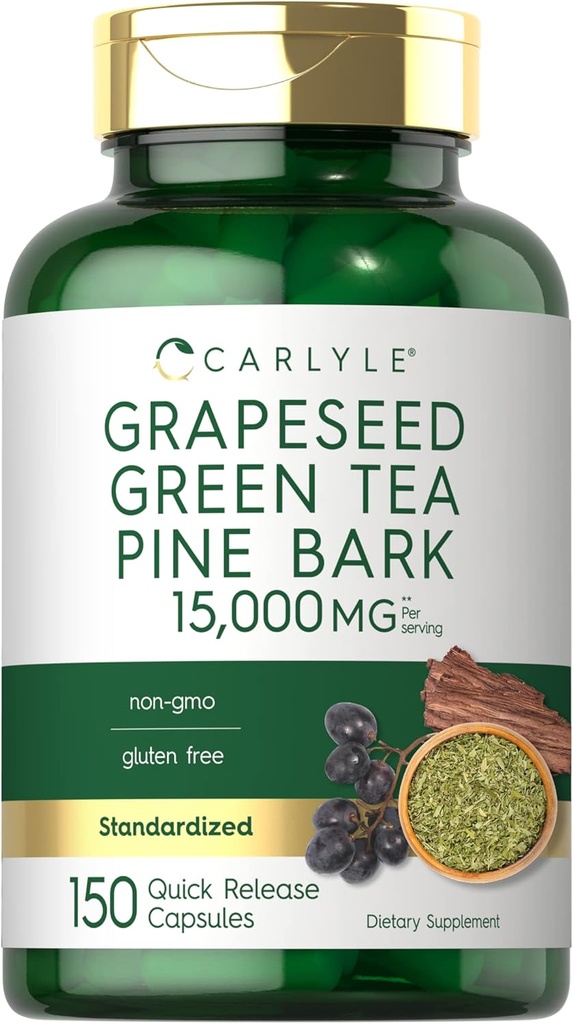 Graines de caryle, Thé vert, Barque de pin, 15 000 mg, 150 capsules, Supplément sans OGM et sans gluten