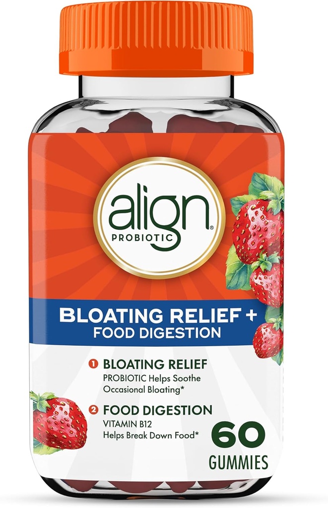 Aligner le probiotique, soulager le bloom + digestion alimentaire, probiotiques pour les femmes et les hommes, probiotique aide à apaiser le bloom occasionnel*, avec la vitamine B12 pour aider à briser les aliments en énergie cellulaire*,60 Gommies