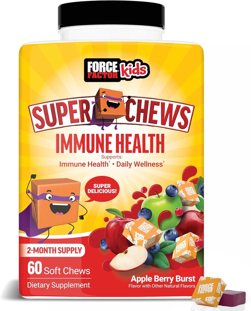 FACTEUR DE FORCE Enfants Imune Health Super Chews, Supplément de soutien aux enfants Imune avec vitamine D pour les enfants, Elderberry, vitamine C, et zinc, 2 mois d'approvisionnement, non-OGM, saveur de baies de pommes, 60 aliments doux