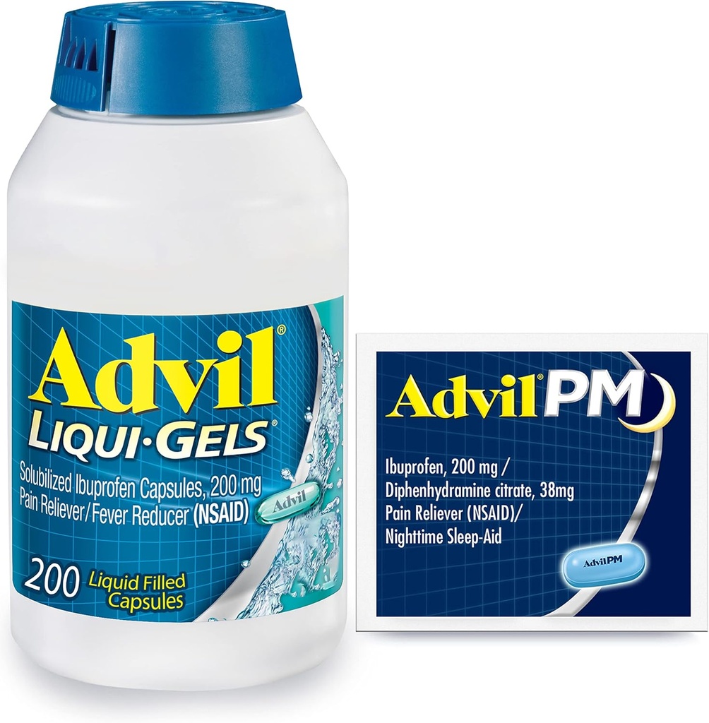 Advil Liqui-Gels Pain Reliever and Fever Reducer, Pain Medicine for Adultes with Ibuprofen 200mg for Headache, Backache, Menstrual Pain and Joint Pain Relief - 200 Capsules, Advil PM Ibuprofen - 2 Ct