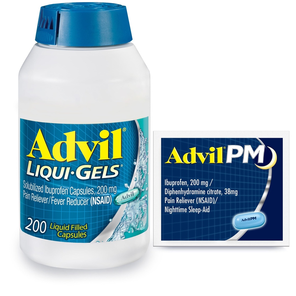 Advil Liqui-Gels Pain Reliever and Fever Reducer, Pain Medicine for Adultes with Ibuprofen 200mg for Headache, Backache, Menstrual Pain and Joint Pain Relief - 200 Capsules, Advil PM Ibuprofen - 2 Ct