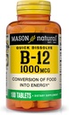 MASON NATURAL Vitamine B12, 1000 mcg Dissoudre rapidement les comprimés, Absorption rapide complexe B pour soutenir l'énergie normale et la fonction nerveuse, 100 comprimés