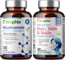 B-3 Nicotinamide 500 mg 180 Vcapsules - Peau et ongles de cheveux 180 Caplets 10000 mcg Biotine - Nicotinique Amide Niacin formule de vitamine naturelle sans flush - soutient la santé des cellules de la peau