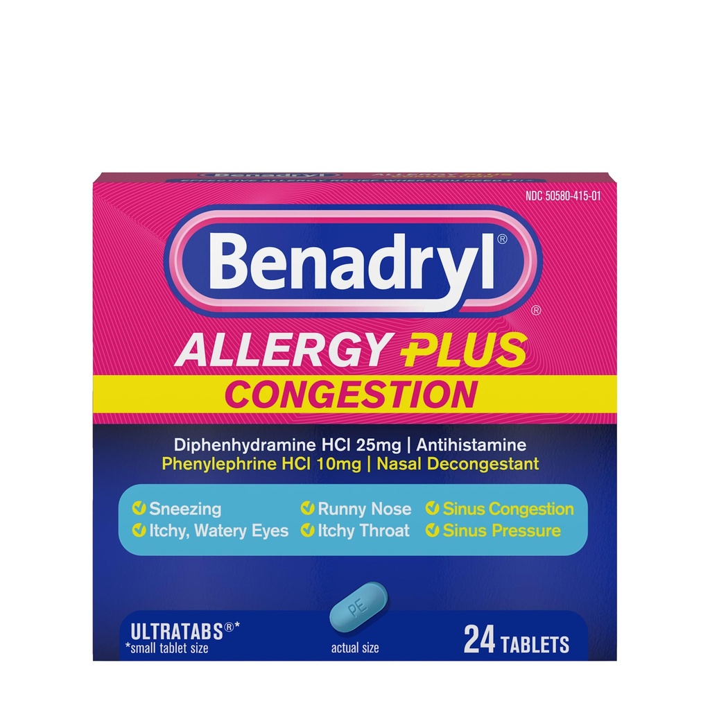 Benadryl Allergie Plus Ultratabs de congestion, Médecine avec Diphénhydramine HCl Antihistamine & Phenylephrine HCl Dégonflement nasal, Allergie & Sinus Comprimés anticongestion, 24 ct