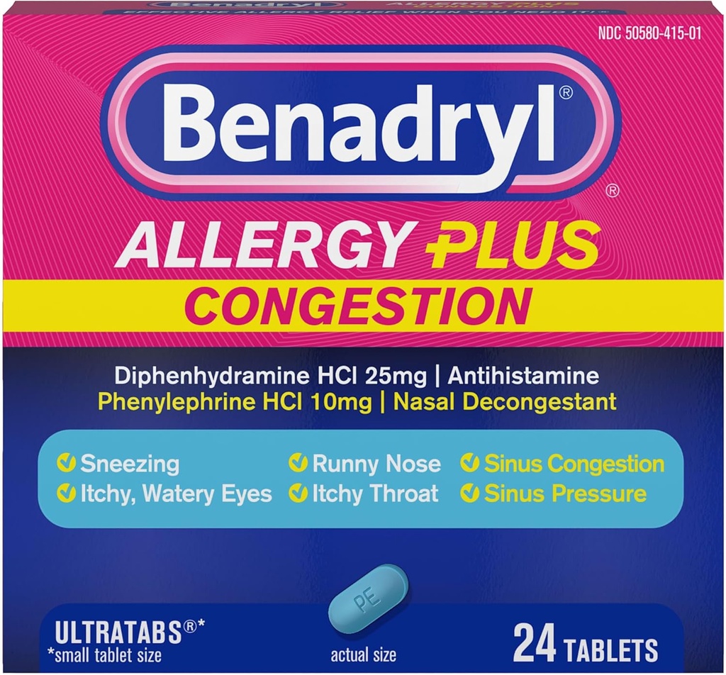 Benadryl Allergie Plus Ultratabs de congestion, Médecine avec Diphénhydramine HCl Antihistamine & Phenylephrine HCl Dégonflement nasal, Allergie & Sinus Comprimés anticongestion, 24 ct