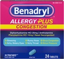 Benadryl Allergie Plus Ultratabs de congestion, Médecine avec Diphénhydramine HCl Antihistamine & Phenylephrine HCl Dégonflement nasal, Allergie & Sinus Comprimés anticongestion, 24 ct