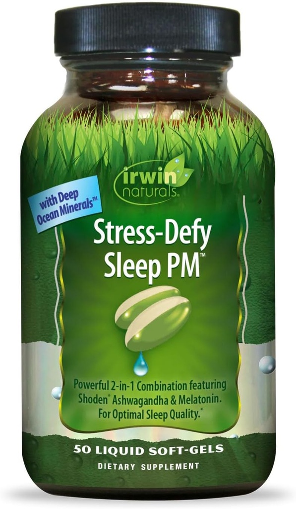 Irwin Naturals Stress-Day Sleep PM - 50 liquides Soft-Gels - Combinaison puissante 2-en-1 avec Ashwagandha et Melatonin - 25 portions