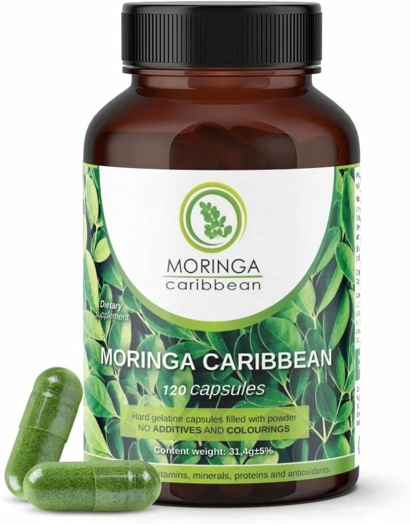 Moringa Premium 100% Pure Poudre Capsules - Vegan, Sans OGM, Green Superfood, Contient Calcium, Magnésium, Vitamine C, Vitamine B3, Vitamine A, Antioxydants - Énergie, Métabolisme, Immune Support -120 ct
