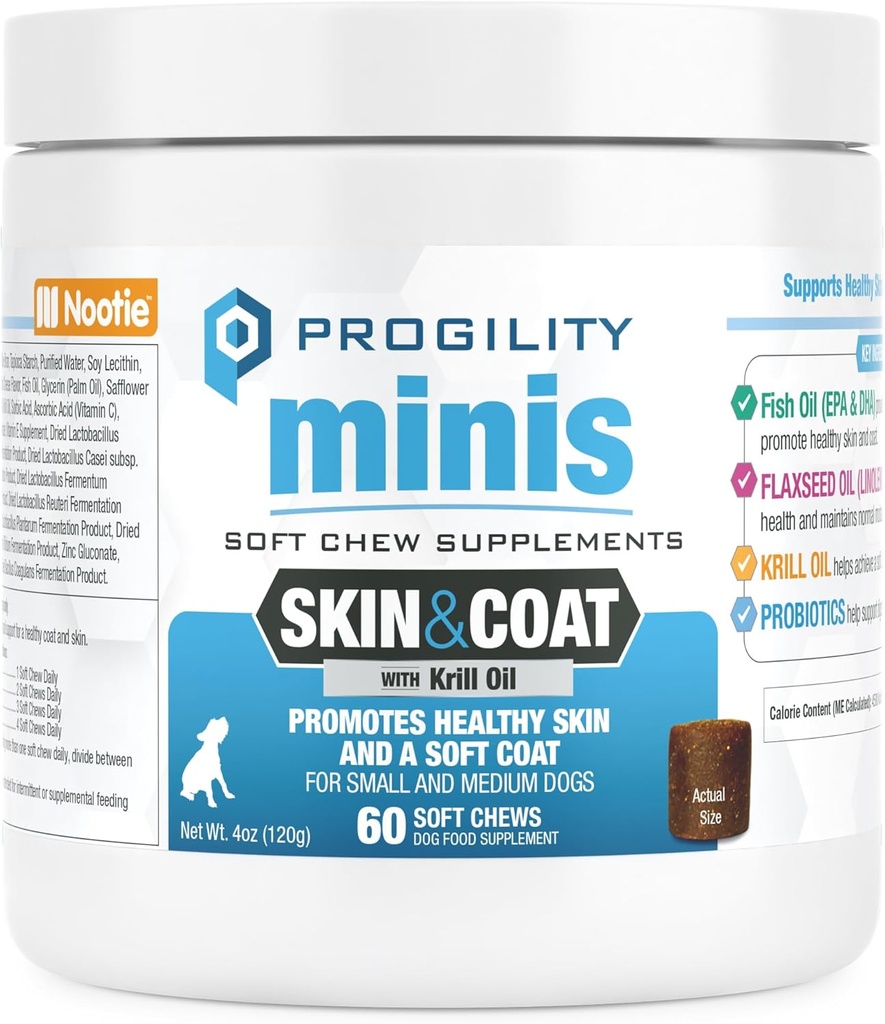 Nootie Progility Mini Skin & Coat Supplément pour les petits chiens, l'huile de poisson soutient une peau et un manteau sains, 60 Chews doux par conteneur