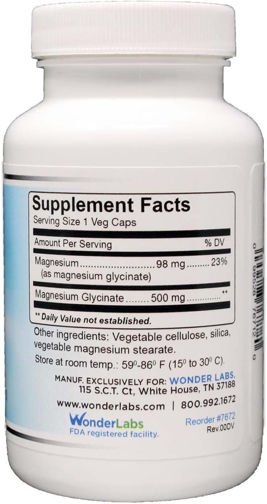 Wonder Laboratories Magnésium Glycinat 500mg, 100 % Chélaté pour Absorption Supérieure, Non-OGM, NO Gluten Dairy & Soy, soutient la santé musculaire, articulaire et cardiaque (120)