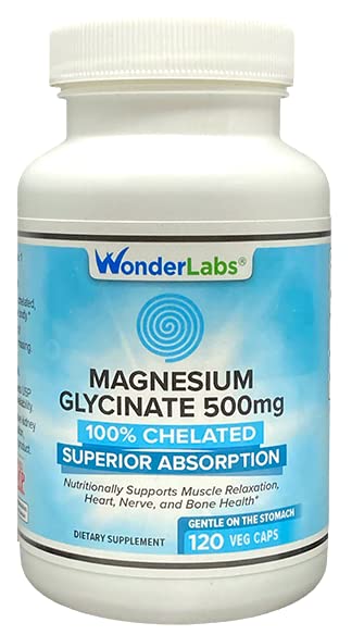 Wonder Laboratories Magnésium Glycinat 500mg, 100 % Chélaté pour Absorption Supérieure, Non-OGM, NO Gluten Dairy & Soy, soutient la santé musculaire, articulaire et cardiaque (120)