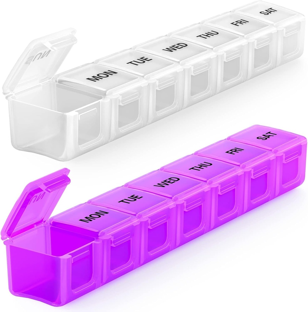 Organisateur hebdomadaire de pilules BUG HULL Grands 2 Packs, Organisateurs de pilules de voyage extra grandes, Pill Box 7 Day, Cas de pilules de voyage, Organisateur de pilules de médicaments pour les vitamines, suppléments et médicaments (White+Purple)