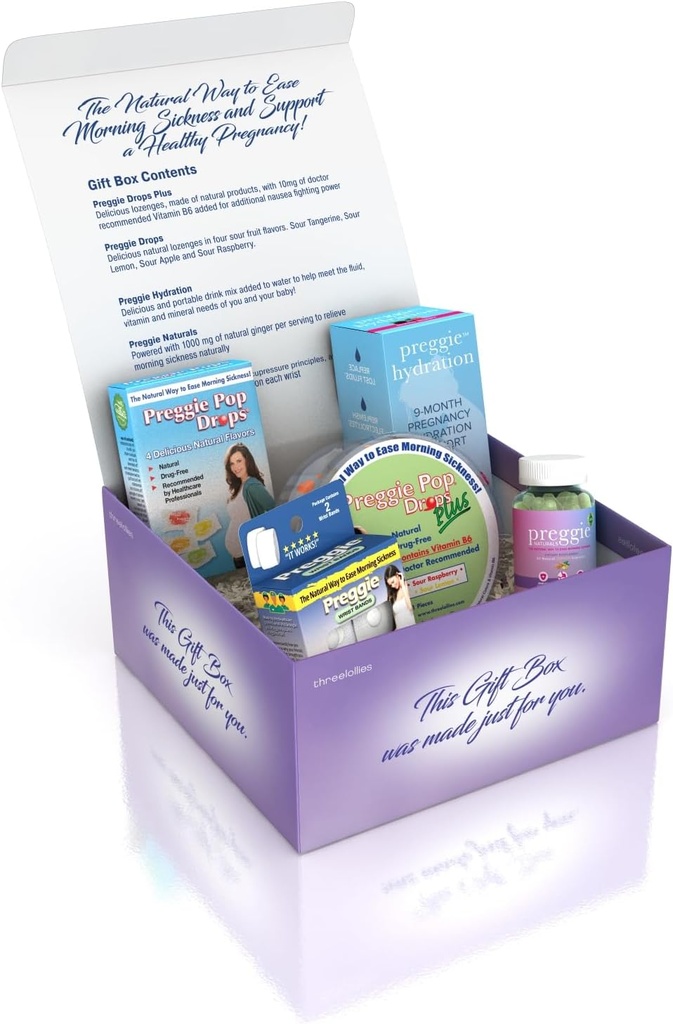 Trois Lollies Preggie Gift Box - Natural, Grossesse Nausée Relief Essentials with Anti-Maladie Lozenges, Packets d'hydratation, Ginger Capsules, & Anti-Nauséa Bands for Morning Sickness