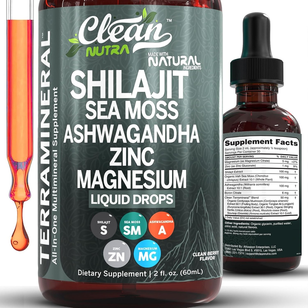 Nutraceutiques propres Shilajit gouttes liquides avec la mousse de mer, Ashwagandha, zinc, magnésium, vitamines liquides pour les femmes et les hommes - Terra Mineral