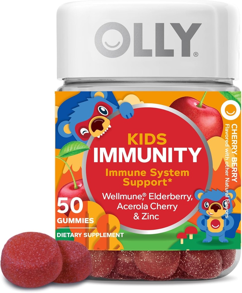 OLLY Enfants Immunité Gummy, Immune Support, Wellmune, Elderberry, Vitamine C, Zinc, Supplément à croquer, Cerise - 50 Compte